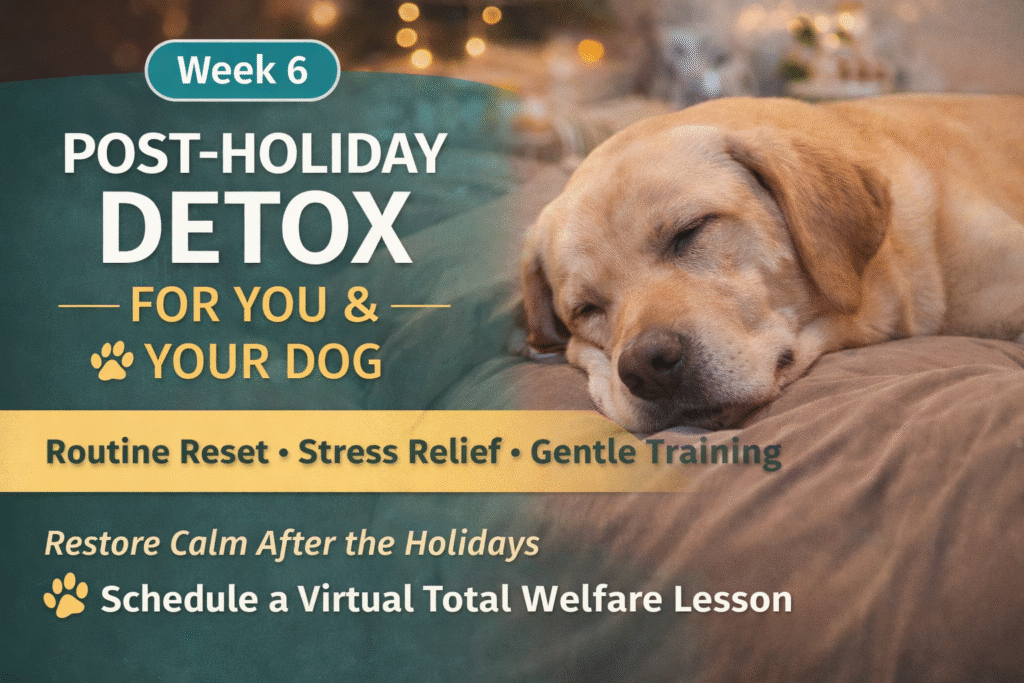 A calm dog resting after the holidays, representing routine reset and post-holiday decompression.