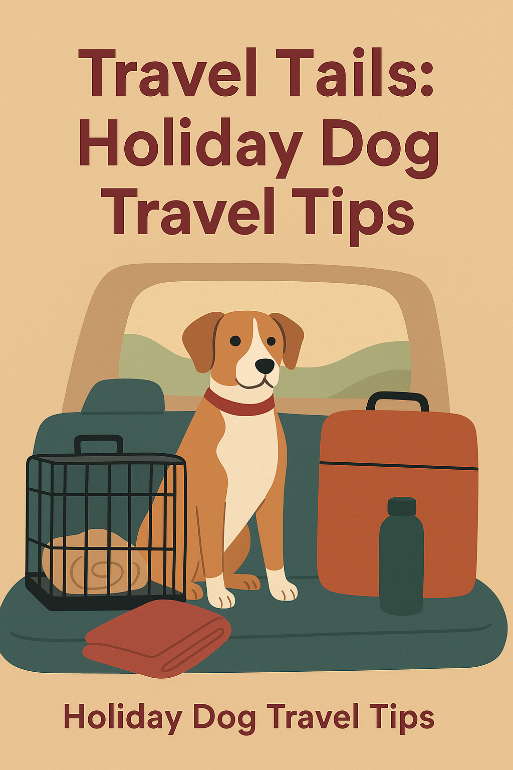 A calm dog sitting in a car with a blanket and travel gear, representing holiday dog travel safety.